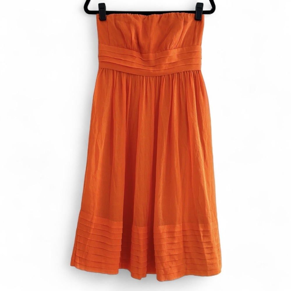 J.Crew Strapless 100% Silk Dress Orange Pleated Hem‎ Party Cocktail Wedding Sz 6
